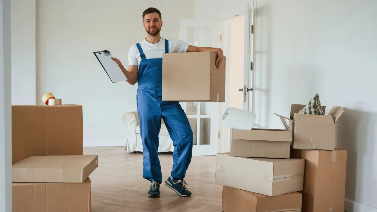 Umzugsvertrag und Offerte – professioneller Umzugsberater mit Klemmbrett bei der Wohnungsbesichtigung