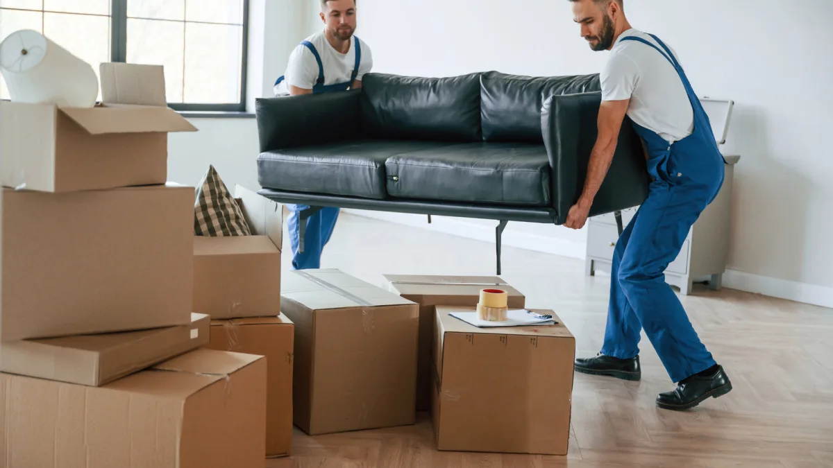 Professionelle Umzugshelfer tragen schweres Sofa beim Umzug ohne Lift in Zürich